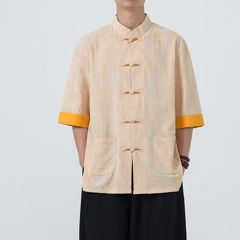Nimara Ritual Summer Peach Blossoms Pattern Chinese Frog-Button Cotton Linen Short Sleeve Men's Shirt