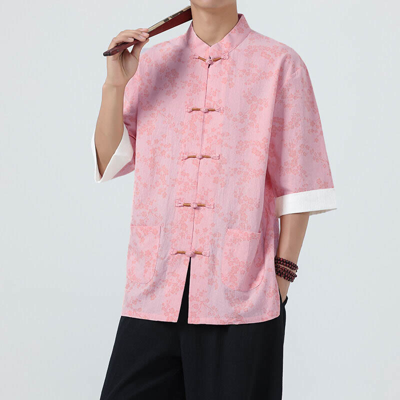 Nimara Ritual Summer Peach Blossoms Pattern Chinese Frog-Button Cotton Linen Short Sleeve Men's Shirt