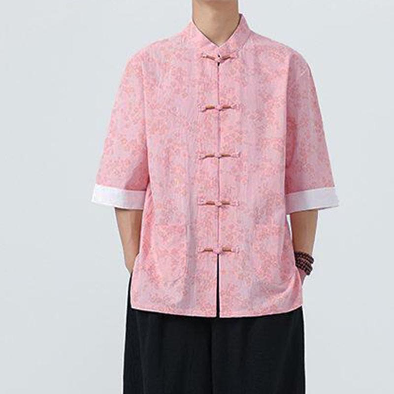 Nimara Ritual Summer Peach Blossoms Pattern Chinese Frog-Button Cotton Linen Short Sleeve Men's Shirt
