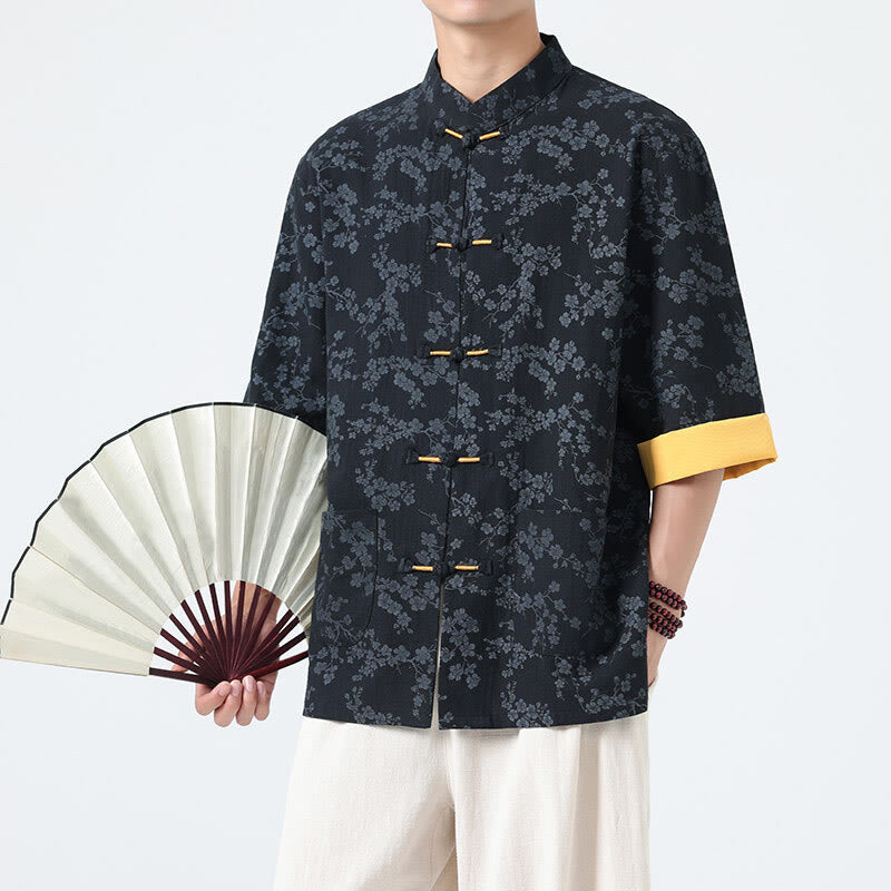 Nimara Ritual Summer Peach Blossoms Pattern Chinese Frog-Button Cotton Linen Short Sleeve Men's Shirt