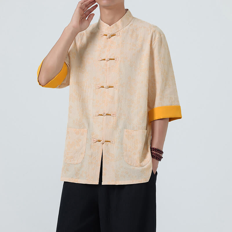 Nimara Ritual Summer Peach Blossoms Pattern Chinese Frog-Button Cotton Linen Short Sleeve Men's Shirt