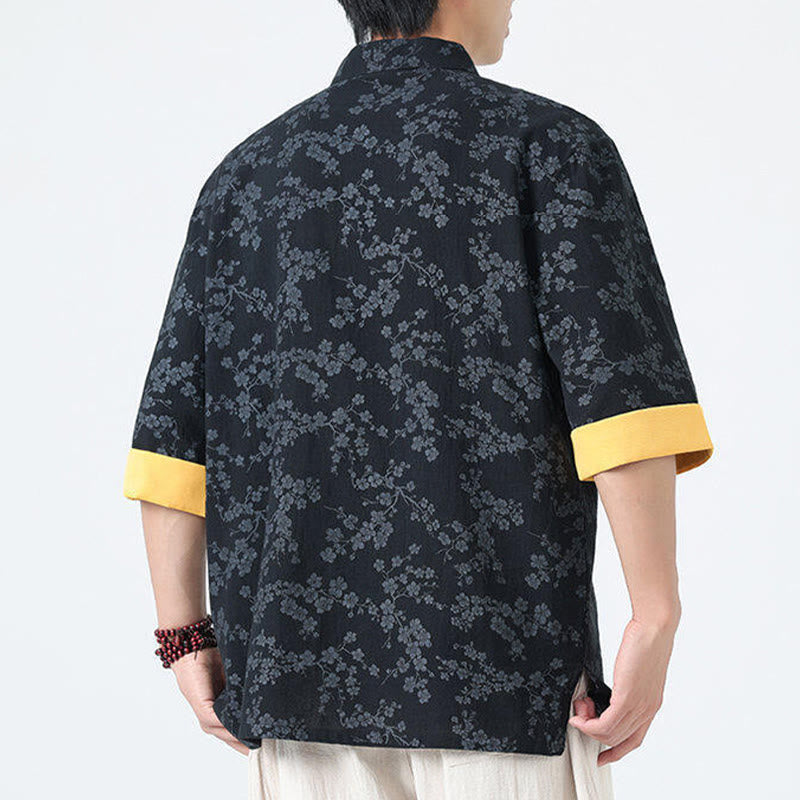 Nimara Ritual Summer Peach Blossoms Pattern Chinese Frog-Button Cotton Linen Short Sleeve Men's Shirt