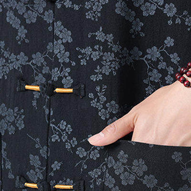 Nimara Ritual Summer Peach Blossoms Pattern Chinese Frog-Button Cotton Linen Short Sleeve Men's Shirt