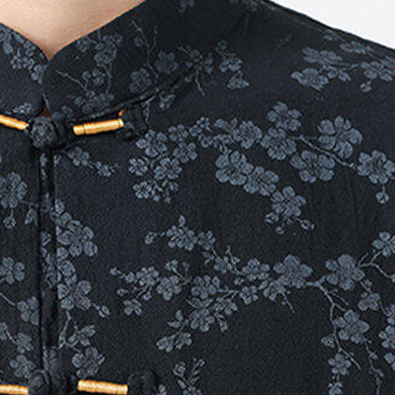 Nimara Ritual Summer Peach Blossoms Pattern Chinese Frog-Button Cotton Linen Short Sleeve Men's Shirt