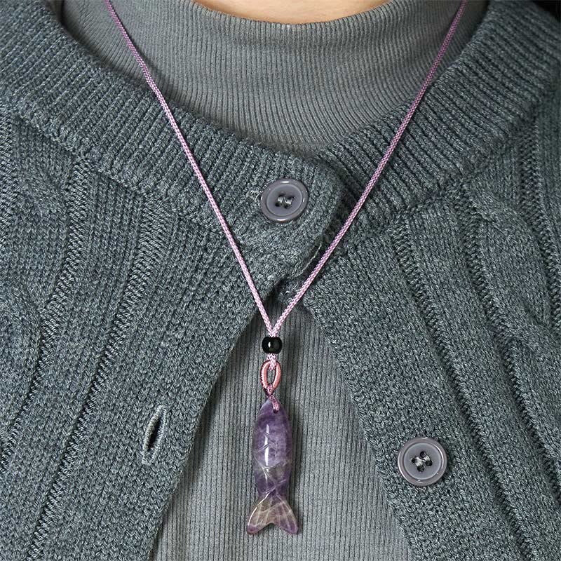 Nimara Ritual Carving Koi Fish Pink Crystal Indian Agate Amethyst Warmth Prosperity Necklace Pendant