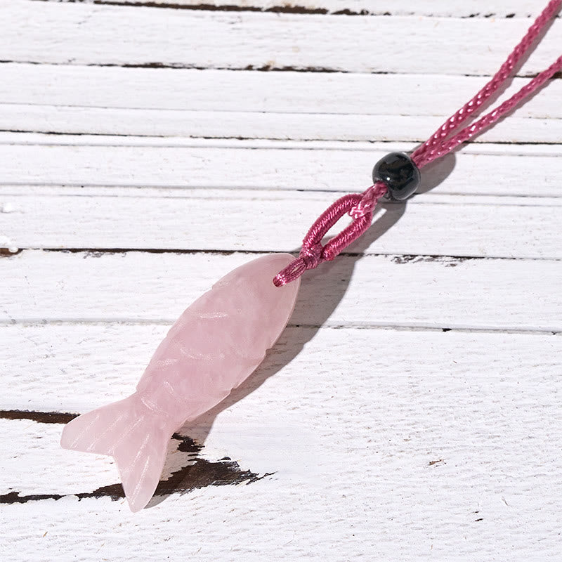 Nimara Ritual Carving Koi Fish Pink Crystal Indian Agate Amethyst Warmth Prosperity Necklace Pendant