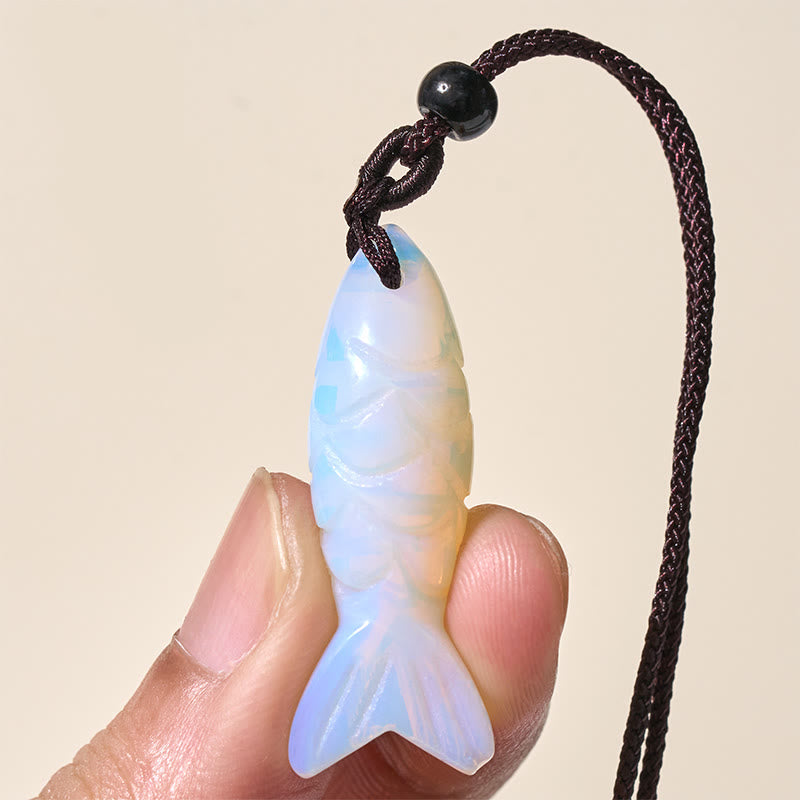 Nimara Ritual Carving Koi Fish Pink Crystal Indian Agate Amethyst Warmth Prosperity Necklace Pendant