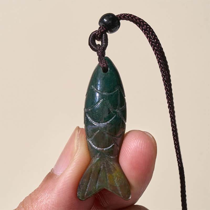 Nimara Ritual Carving Koi Fish Pink Crystal Indian Agate Amethyst Warmth Prosperity Necklace Pendant