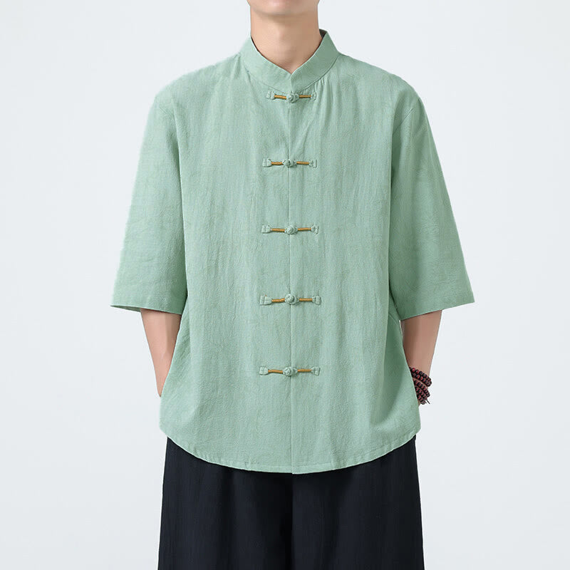 Nimara Ritual Summer Bamboo Leaves Pattern Chinese Frog-Button Cotton Linen Short Sleeve Men's Shirt