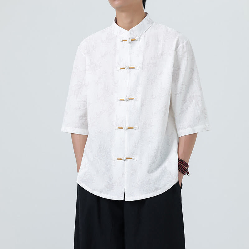 Nimara Ritual Summer Bamboo Leaves Pattern Chinese Frog-Button Cotton Linen Short Sleeve Men's Shirt