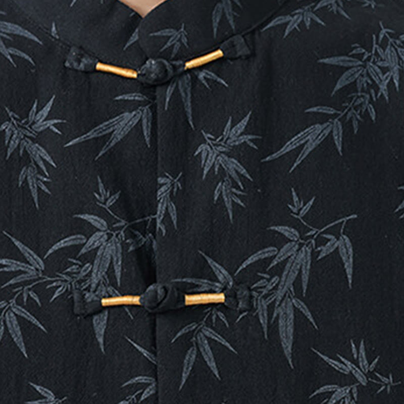 Nimara Ritual Summer Bamboo Leaves Pattern Chinese Frog-Button Cotton Linen Short Sleeve Men's Shirt