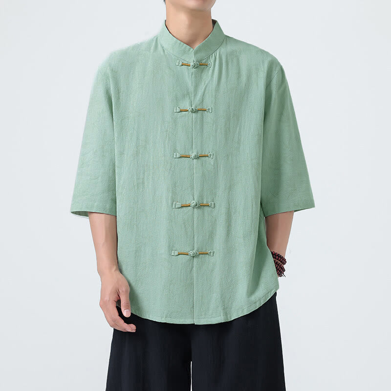 Nimara Ritual Summer Bamboo Leaves Pattern Chinese Frog-Button Cotton Linen Short Sleeve Men's Shirt