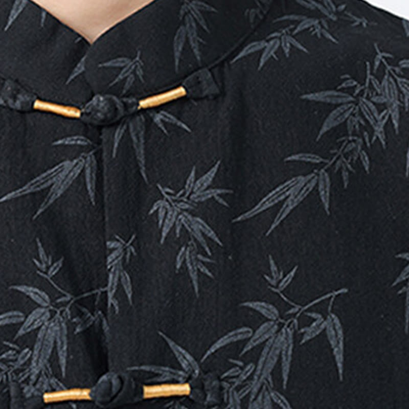 Nimara Ritual Summer Bamboo Leaves Pattern Chinese Frog-Button Cotton Linen Short Sleeve Men's Shirt