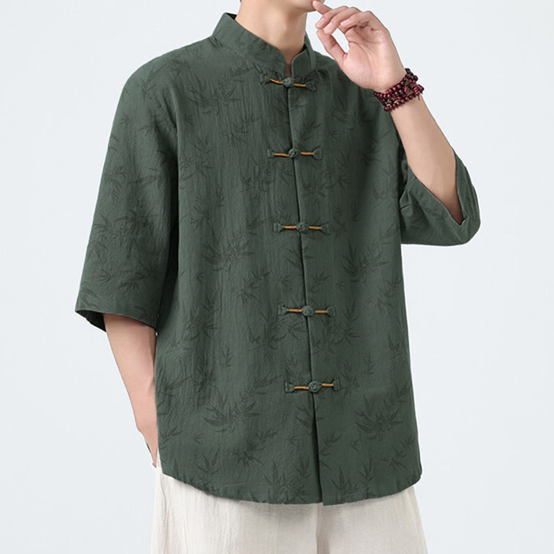 Nimara Ritual Summer Bamboo Leaves Pattern Chinese Frog-Button Cotton Linen Short Sleeve Men's Shirt