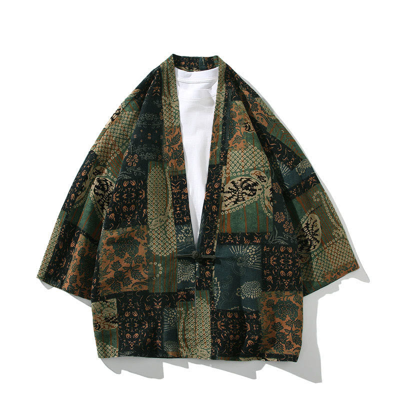 Nimara Ritual Geometry Floral Stripes Butterfly Ink Open Front Half Sleeve Jacket Men's Kimono