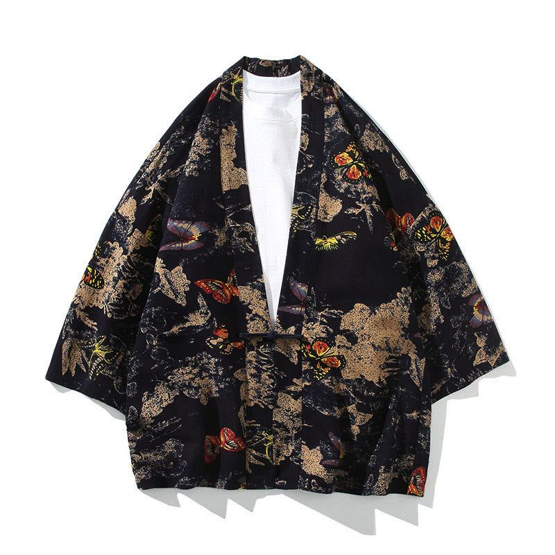 Nimara Ritual Geometry Floral Stripes Butterfly Ink Open Front Half Sleeve Jacket Men's Kimono