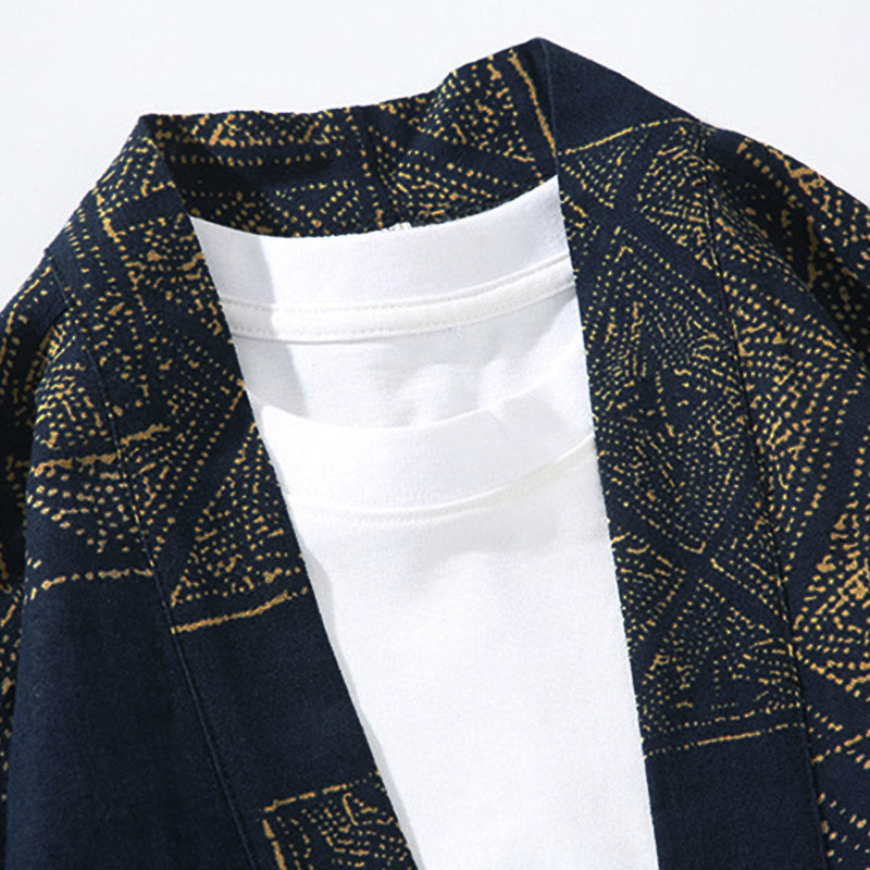 Nimara Ritual Geometry Floral Stripes Butterfly Ink Open Front Half Sleeve Jacket Men's Kimono