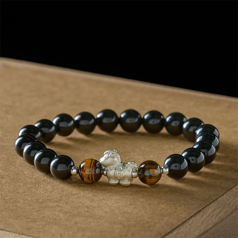 Nimara Ritual Year Of The Horse 999 Sterling Silver Horse Charm Black Obsidian Tiger Eye Strength Bracelet