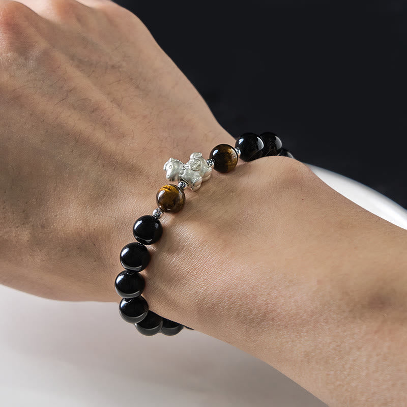 Nimara Ritual Year Of The Horse 999 Sterling Silver Horse Charm Black Obsidian Tiger Eye Strength Bracelet