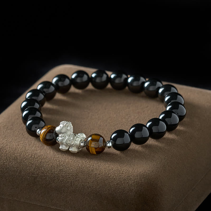 Nimara Ritual Year Of The Horse 999 Sterling Silver Horse Charm Black Obsidian Tiger Eye Strength Bracelet