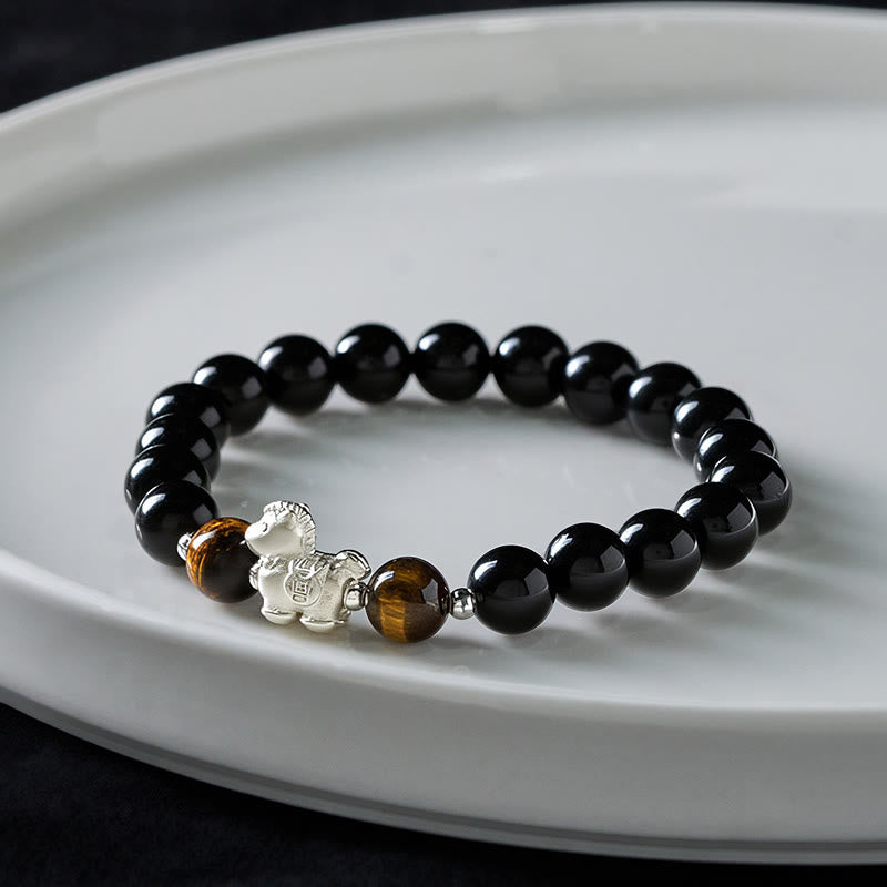 Nimara Ritual Year Of The Horse 999 Sterling Silver Horse Charm Black Obsidian Tiger Eye Strength Bracelet