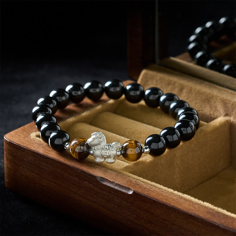 Nimara Ritual Year Of The Horse 999 Sterling Silver Horse Charm Black Obsidian Tiger Eye Strength Bracelet