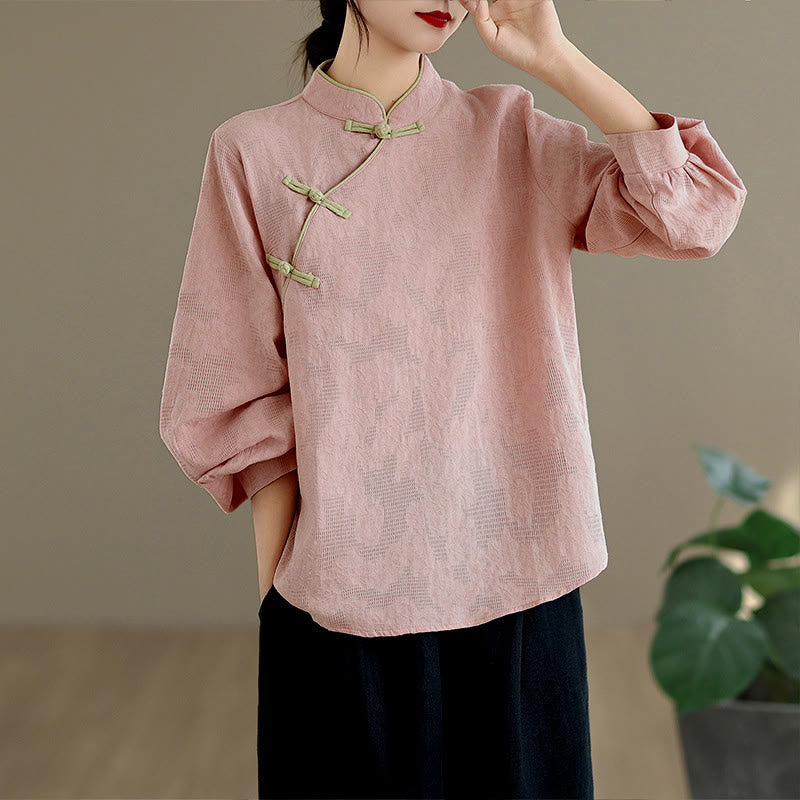 Nimara Ritual Spring Traditional Floral Frog-Button Stand Collar Long Sleeve Women's Cotton Shirt