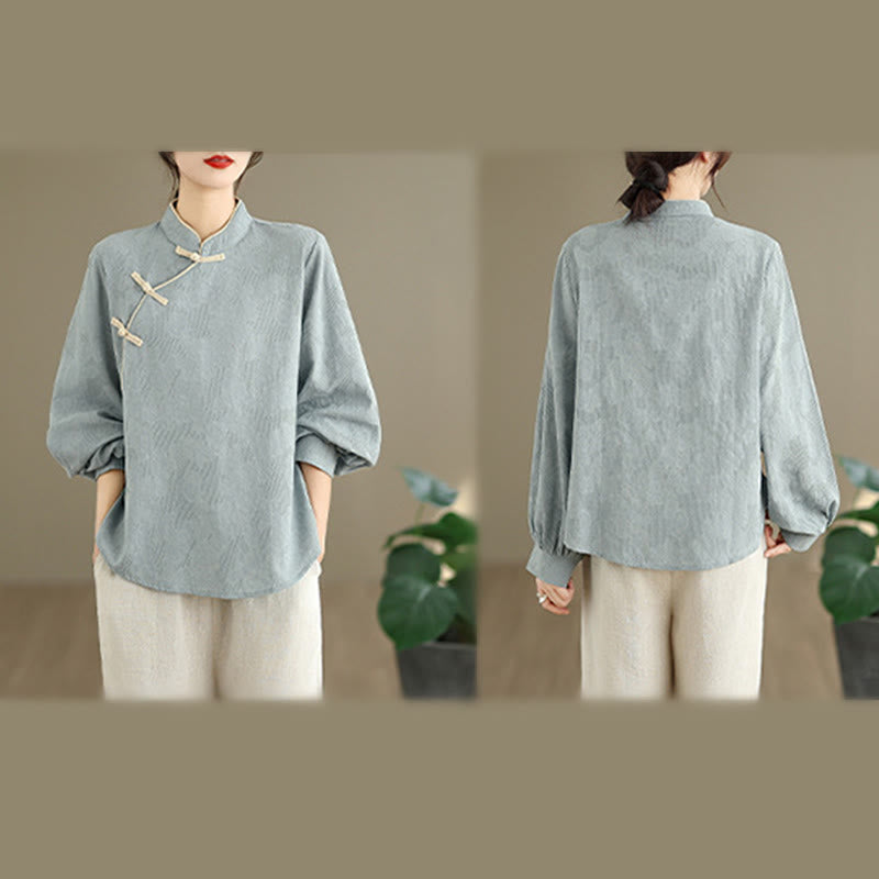 Nimara Ritual Spring Traditional Floral Frog-Button Stand Collar Long Sleeve Women's Cotton Shirt