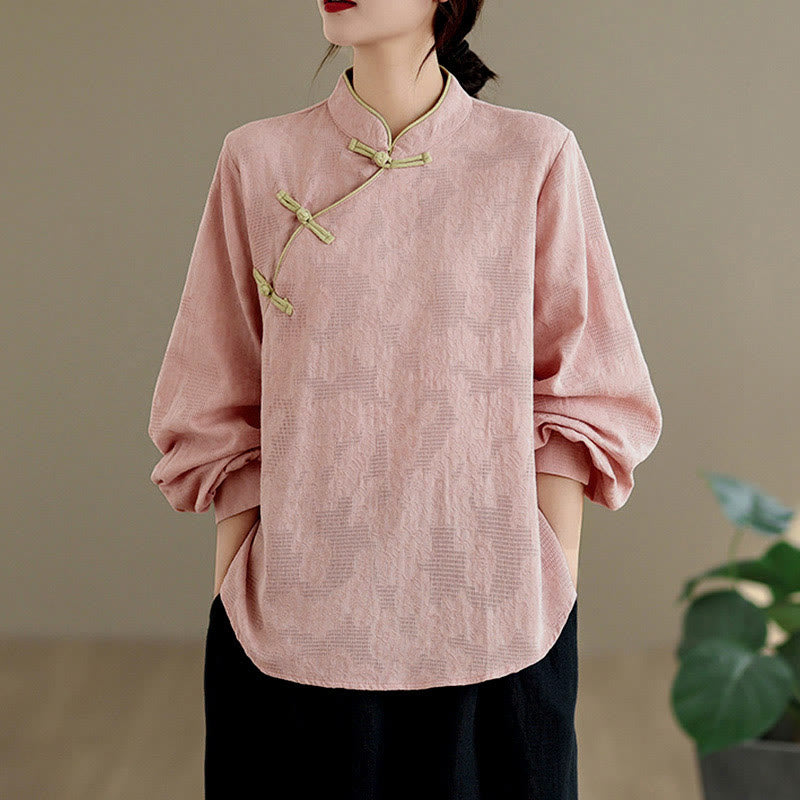 Nimara Ritual Spring Traditional Floral Frog-Button Stand Collar Long Sleeve Women's Cotton Shirt