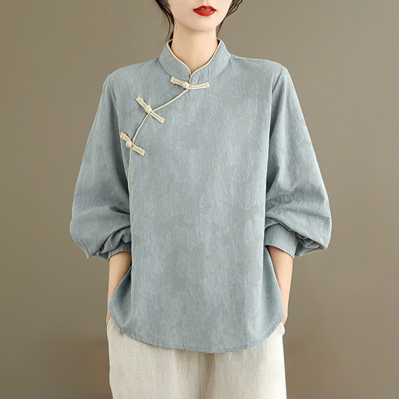 Nimara Ritual Spring Traditional Floral Frog-Button Stand Collar Long Sleeve Women's Cotton Shirt