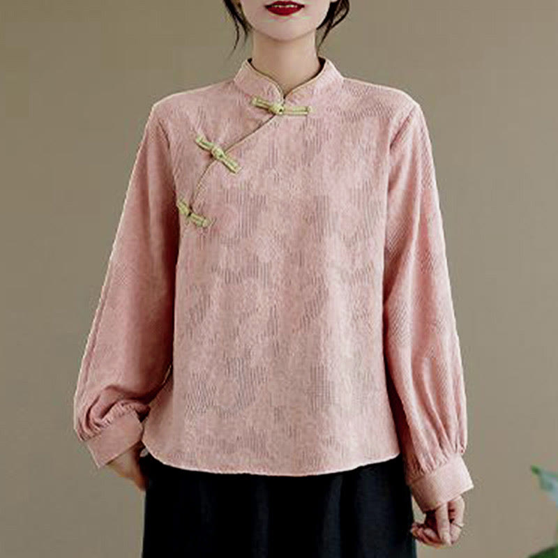 Nimara Ritual Spring Traditional Floral Frog-Button Stand Collar Long Sleeve Women's Cotton Shirt