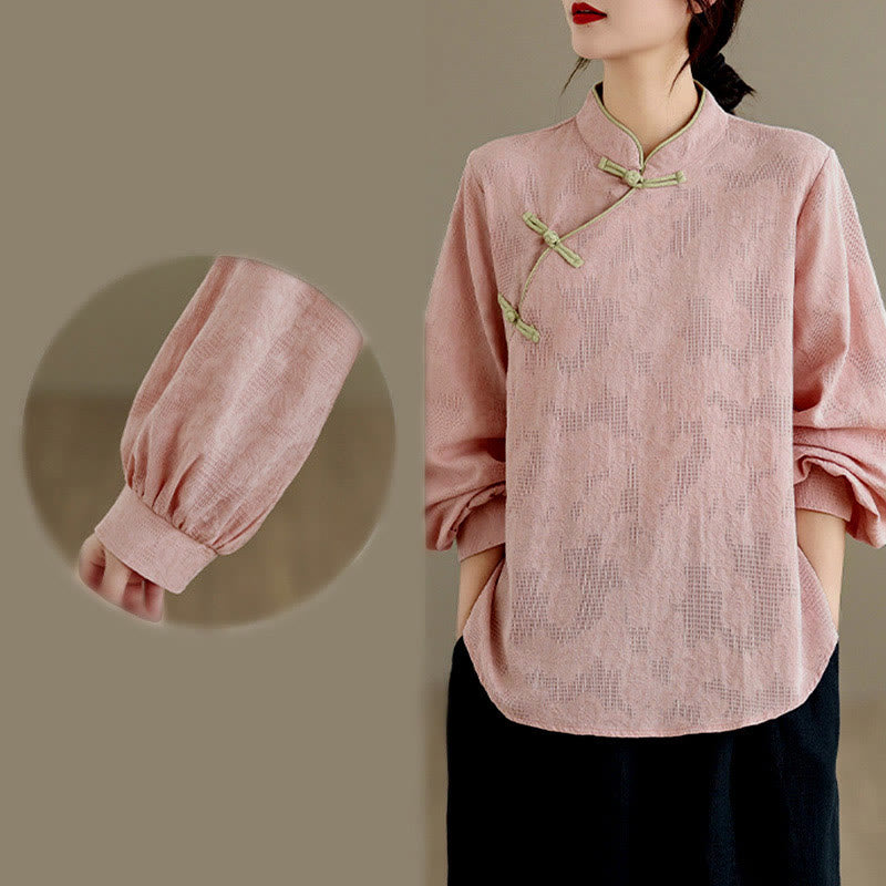 Nimara Ritual Spring Traditional Floral Frog-Button Stand Collar Long Sleeve Women's Cotton Shirt