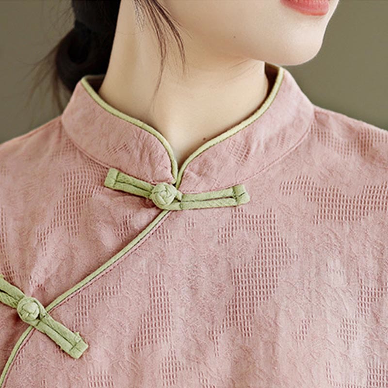 Nimara Ritual Spring Traditional Floral Frog-Button Stand Collar Long Sleeve Women's Cotton Shirt