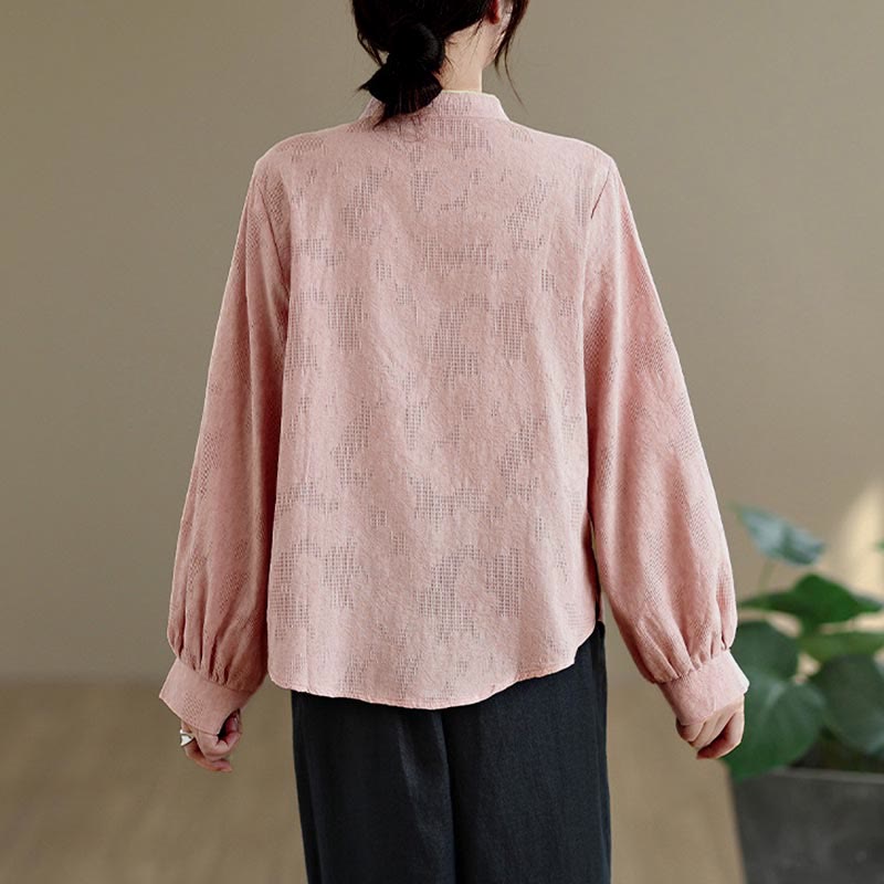 Nimara Ritual Spring Traditional Floral Frog-Button Stand Collar Long Sleeve Women's Cotton Shirt