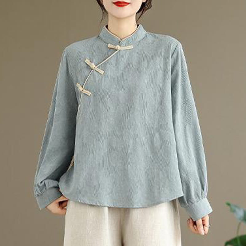 Nimara Ritual Spring Traditional Floral Frog-Button Stand Collar Long Sleeve Women's Cotton Shirt