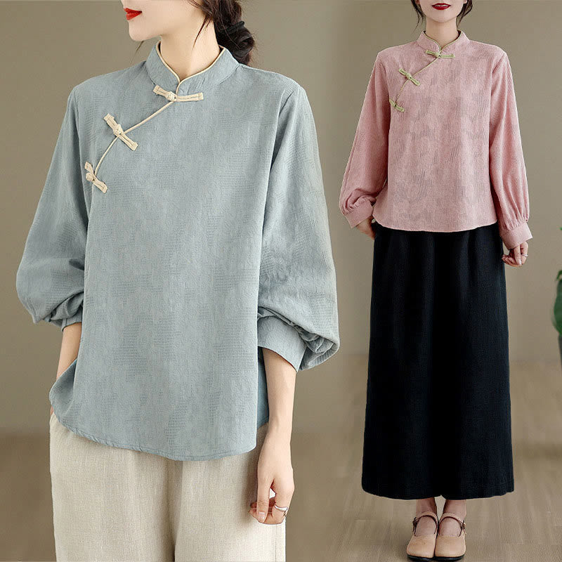Nimara Ritual Spring Traditional Floral Frog-Button Stand Collar Long Sleeve Women's Cotton Shirt