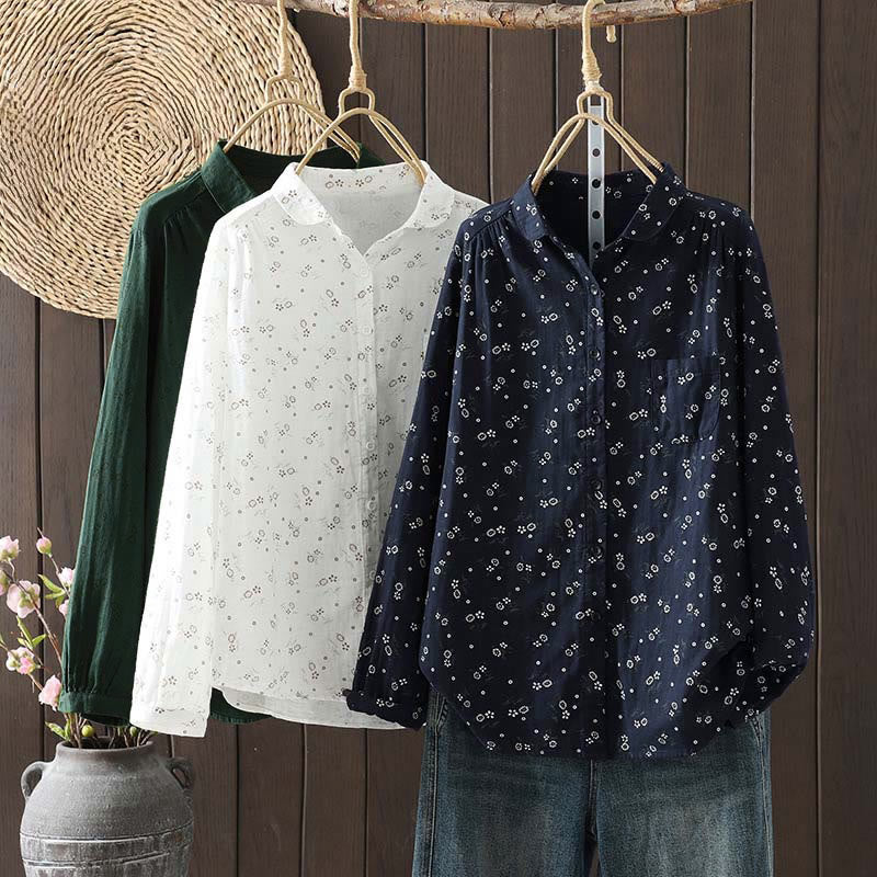 Nimara Ritual Fall Small Floral Pattern Buttons Down Design Long Sleeve Women's Cotton Shirt