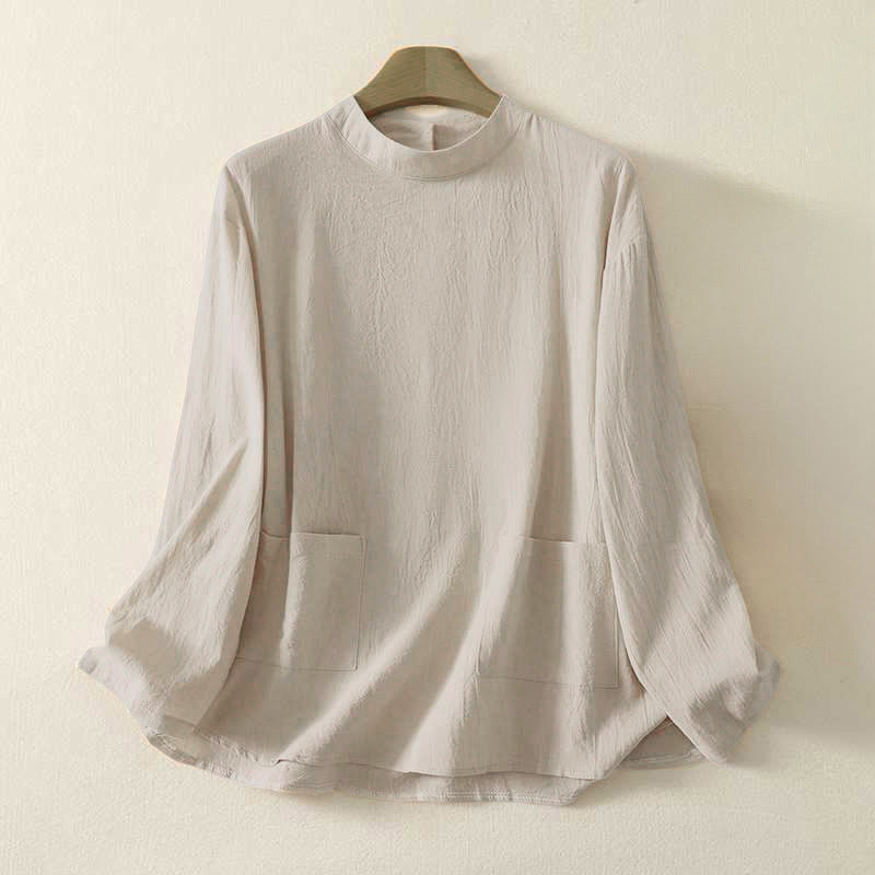 Nimara Ritual Fall Plain Crew Neck Back Three Buttons Design Women's Cotton Long Sleeve Shirt