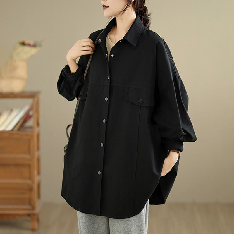 Nimara Ritual Fall Pure Color Lapel Button Simple Design Women's Cotton Long Sleeve Jacket