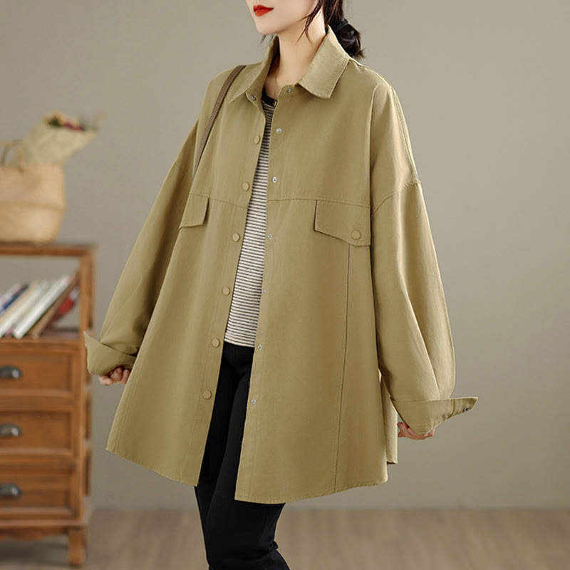 Nimara Ritual Fall Pure Color Lapel Button Simple Design Women's Cotton Long Sleeve Jacket