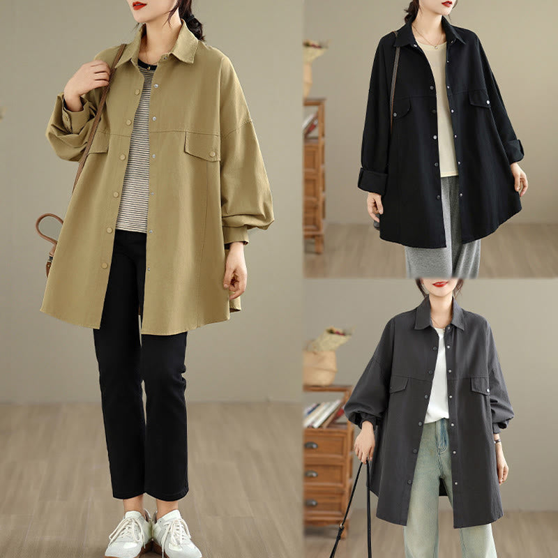 Nimara Ritual Fall Pure Color Lapel Button Simple Design Women's Cotton Long Sleeve Jacket