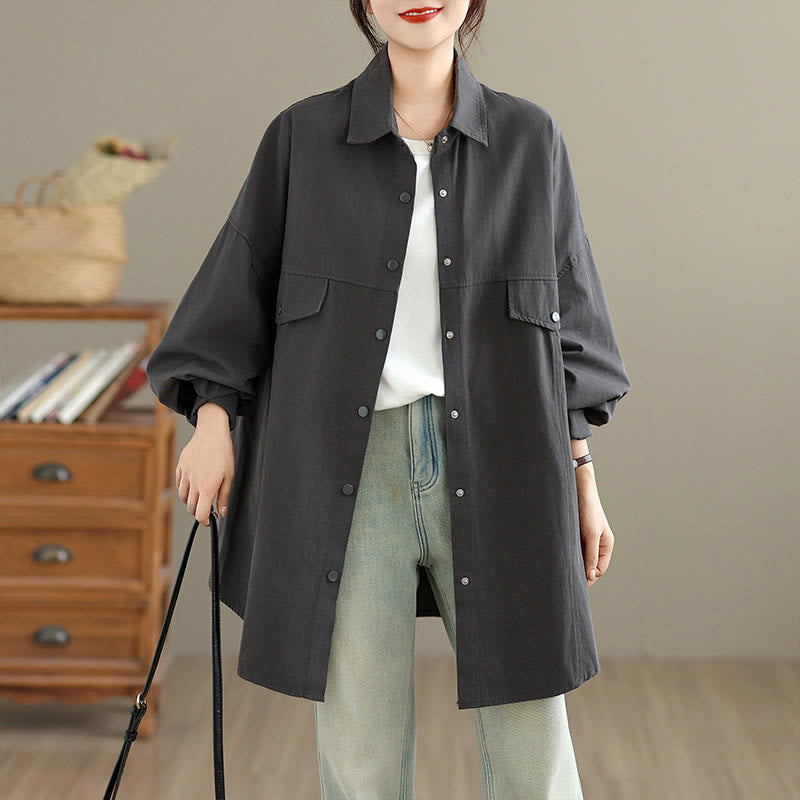 Nimara Ritual Fall Pure Color Lapel Button Simple Design Women's Cotton Long Sleeve Jacket