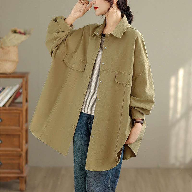 Nimara Ritual Fall Pure Color Lapel Button Simple Design Women's Cotton Long Sleeve Jacket