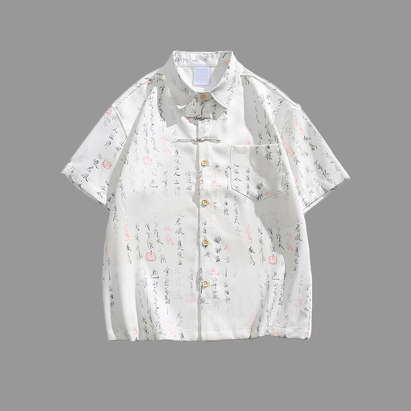 Nimara Ritual Calligraphy Print Pattern Metal Bar Frog Closure Design Short Sleeve Men's Shirt With Pocket