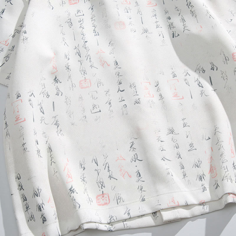 Nimara Ritual Calligraphy Print Pattern Metal Bar Frog Closure Design Short Sleeve Men's Shirt With Pocket