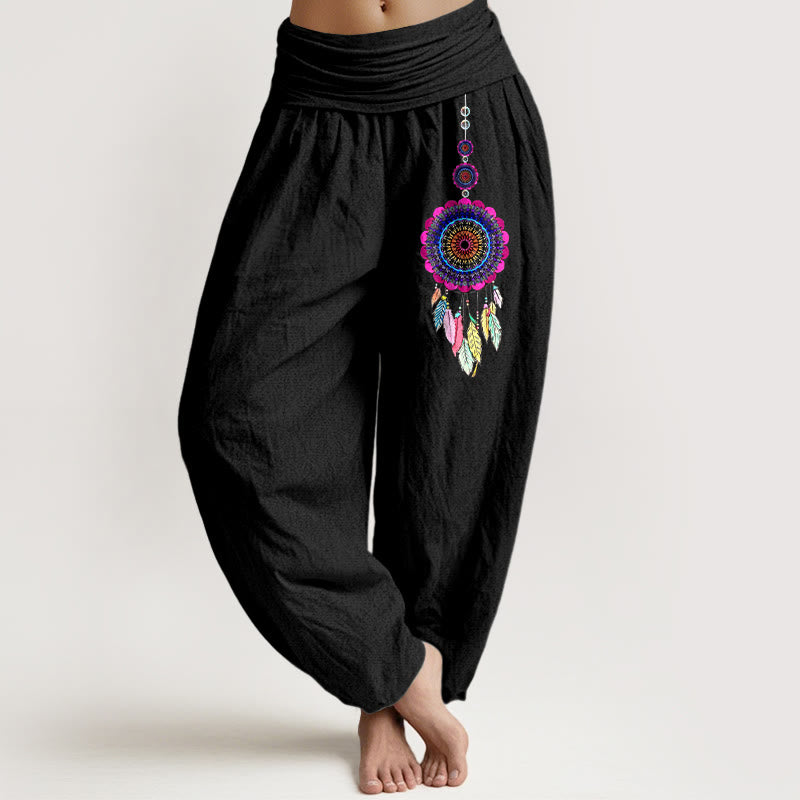 Nimara Ritual Colorful Dreamcatchers Pattern Pure Cotton Women's Elastic Waist Harem Pants