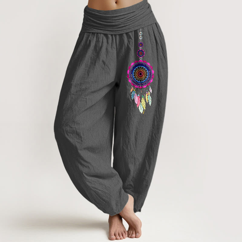Nimara Ritual Colorful Dreamcatchers Pattern Pure Cotton Women's Elastic Waist Harem Pants