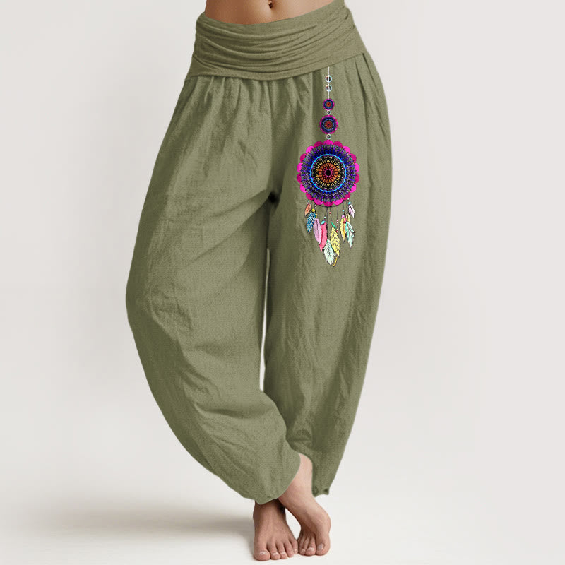 Nimara Ritual Colorful Dreamcatchers Pattern Pure Cotton Women's Elastic Waist Harem Pants