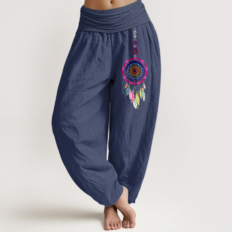 Nimara Ritual Colorful Dreamcatchers Pattern Pure Cotton Women's Elastic Waist Harem Pants