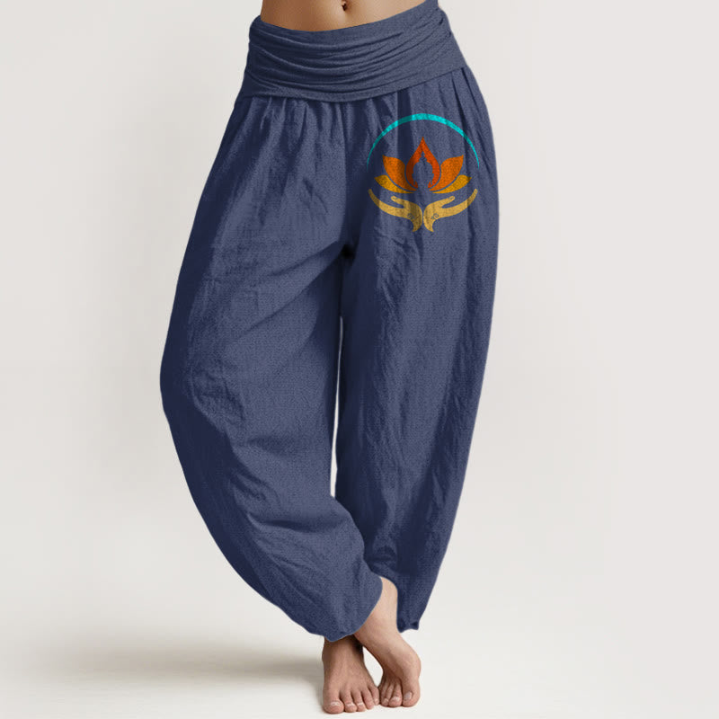 Nimara Ritual Lotus Buddha Symbol Pattern Elastic Waist Women's Harem Pure Cotton Pants